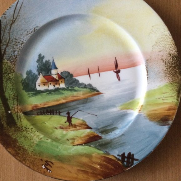 Vintage hand painted Vignaud Limoges France plate landscape man fishing rare - Picture 2 of 3